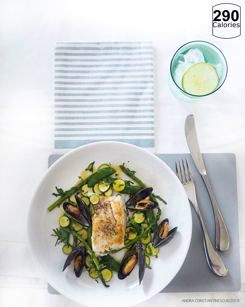 low calorie hake fillet with mussels and baby courgette