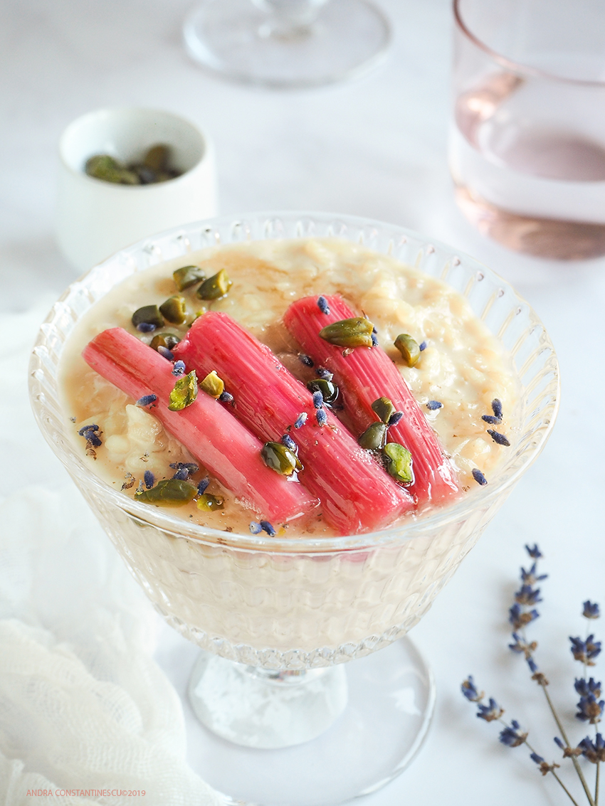 Caramelised rice pudding with Poached Rhubarb - Mint & Rosemary